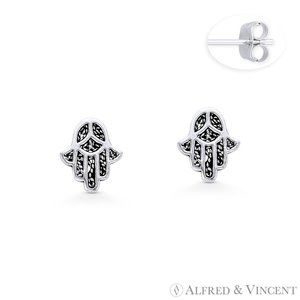 Hamsa Hand Evil Eye Luck Charm Stud Earrings in Oxidized .925 Sterling Silver